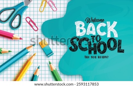 Back to school vector template design. Back to school text in abstract space with color pencil and scissor elements for educational greeting and messages. Vector illustration.
