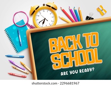 Back to school vector text design. Back to school text with chalk board elements. Vector illustration with colorful educational background.