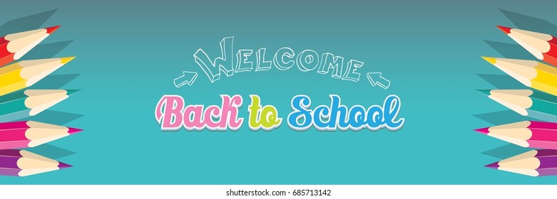 Back to school vector text logo on blue background. back to school vector concept horizontal web banner