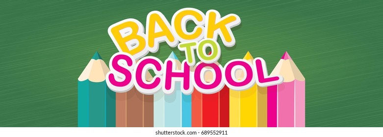 Back to school vector text logo with pencils on green chalkboard background. back to school vector concept horizontal web banner