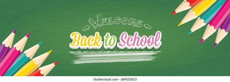Back to school vector text logo with pencils on green chalkboard background. back to school vector concept horizontal web banner