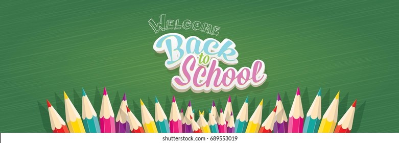 Back to school vector text logo with pencils on green chalkboard background. back to school vector concept horizontal web banner