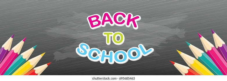 Back to school vector text logo with pencils on green chalkboard background. back to school vector concept horizontal web banner