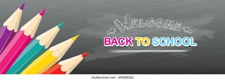 Back to school vector text logo with pencils on green chalkboard background. back to school vector concept horizontal web banner