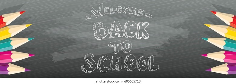 Back to school vector text logo with pencils on green chalkboard background. back to school vector concept horizontal web banner