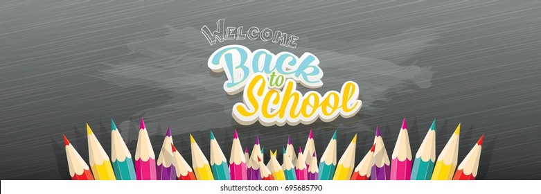 Back to school vector text logo with pencils on green chalkboard background. back to school vector concept horizontal web banner