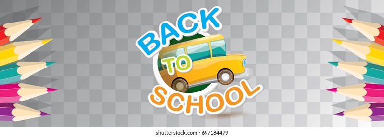 Back to school vector text logo with pencils and orange school bus on transparent background and space for your photo. back to school vector concept horizontal web banner