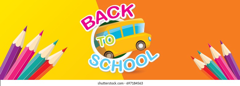 Back to school vector text logo with pencils and orange school bus on orange background. back to school vector concept horizontal web banner