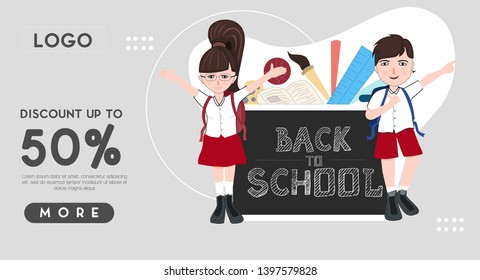 Back to school vector web banner design with colorful funny school characters. Vector illustration. - Vector