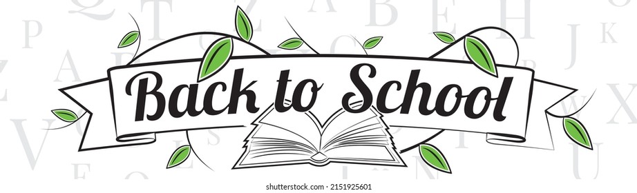 Back to school, vector. Wording design, lettering. Open book illustration and branch with leaves, illustration. Typographic poster design, home decoration