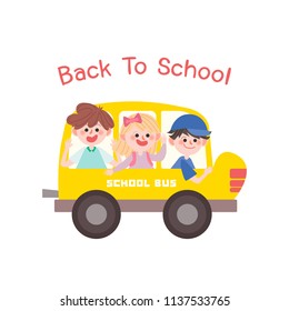 Back to school vector.Illustration of school bus and children.Isolated kids drawing.