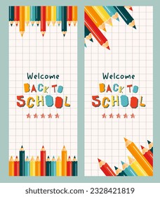 Back to school vertical banner concept. Modern illustration of colorful pencils on a checkered paper and text. Student, pupil. Trendy vector illustration for card, web banner design.