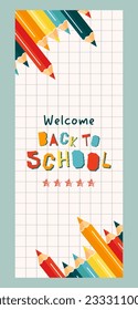 De vuelta al concepto de banner vertical escolar. Ilustración moderna de lápices de colores en un papel y texto a cuadros. Estudiante, alumno. Ilustración vectorial de moda para diseño de tarjetas, banner web.