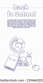 Banner vertical de vuelta a la escuela con lápiz ilustrativo de libros, globo, Apple y copa con lápiz, pincel y regla en la página de Copybook. Perfecto para sitios web, medios sociales, materiales impresos, etc