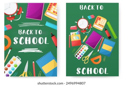 Back to school vertical banner set. Education promo poster with school supplies.