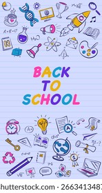 Anuncio de Vertical de regreso a la escuela o Plantilla de historia de redes sociales con garabatos educativos divertidos y coloridos sobre un fondo de papel de cuaderno.