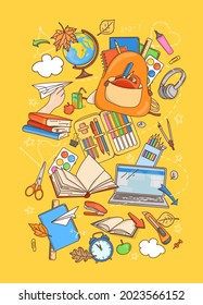 Back to School vertical banner with stationery for drawing and other school subjects. Education Concept. A cover for a notebook or an advertising banner. Colorful vector illustration. Doodle style.