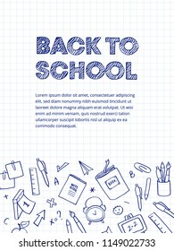 Back to school vertical banner. School theme with inscription "back to school" and freehand drawing of stationery on a sheet of exercise book