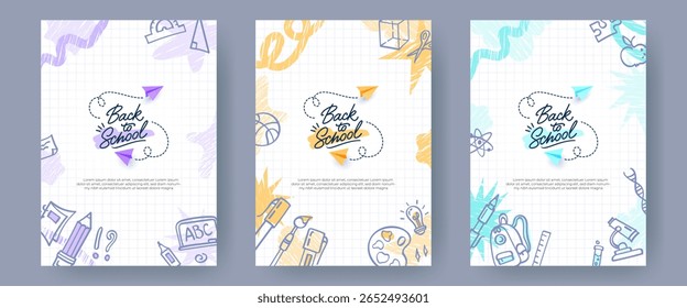 De volta à escola banners verticais, fundos. Cartazes criativos com ilustrações desenhadas à mão, planos de papel, desenhos de rabiscos em papel branco quadriculado notebook. Modelos de anúncios na Web, conceito educacional.