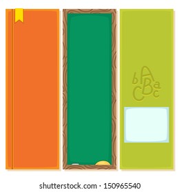 Back to school, vertical banners: book, school board, notebook.