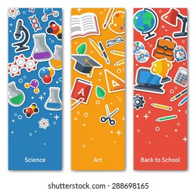 Back To School Vertical Banners Set With Flat Icons. Vector Illustration. Arts and Science Stickers. Education Concept. 