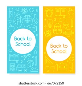 Back to School vertical banners with texture from line art icons of education, science objects and office supplies.