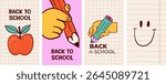 Back to school vertical card and banner templates with pencils cartoon illustrations. Modern hand drawn education and learning creative concept . Colorful bold vector design.