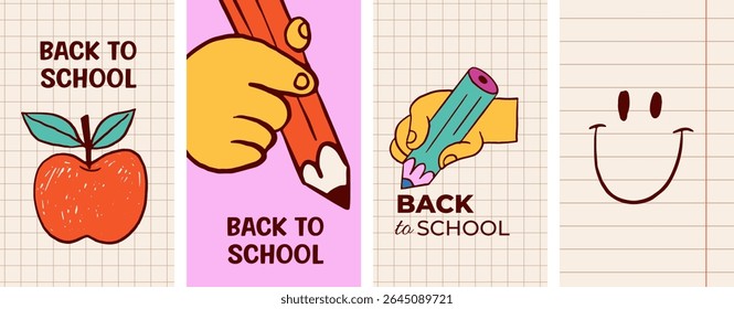 Back to school vertical card and banner templates with pencils cartoon illustrations. Modern hand drawn education and learning creative concept . Colorful bold vector design.