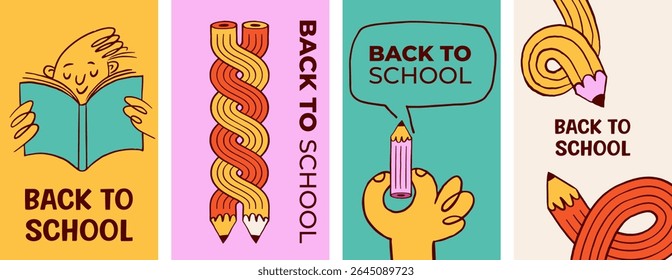 Back to school vertical card and banner templates with pencils cartoon illustrations. Modern hand drawn education and learning creative concept . Colorful bold vector design.