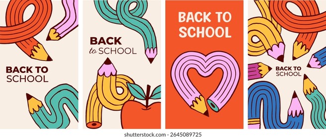 Back to school vertical card and banner templates with pencils cartoon illustrations. Modern hand drawn education and learning creative concept . Colorful bold vector design.