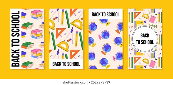Back to School vertical card set with school supplies and education elements. Vector illustration for academic design and children learning themes