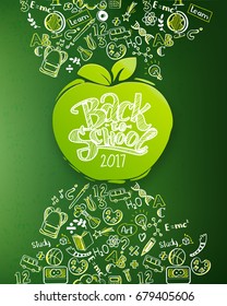 Back to school vertical chalkboard with hand drawn pattern and lettering logo on apple. Education background for posters, banners. School ideas and typography background