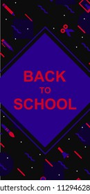 back to school vertical cover template memphis colorful style with education supplies such us pen, book, phone, glass, ruler, pencil, brush, eraserfor poster, party, super sale offer. vector 10 eps