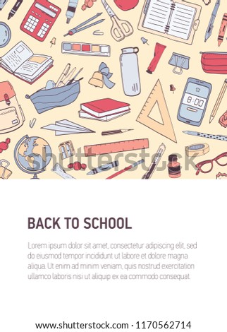 Back To School vertical flyer or poster template with place for text and decorated by pattern or texture with stationery. Colorful trendy vector illustration for 1st of September, education event.