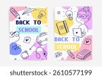 Back to school vertical poster with student character, laptop, spiral notebook, ideas and school supplies on pastel grid background
