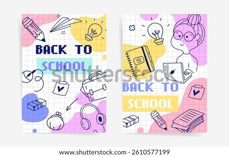 Back to school vertical poster with student character, laptop, spiral notebook, ideas and school supplies on pastel grid background