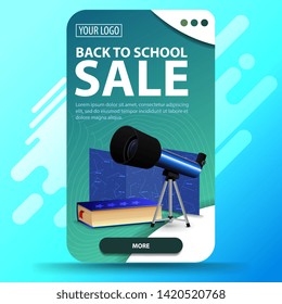 Back to school, vertical web banner with modern design for your website with telescope, a map of the constellations and the encyclopedia of astronomy