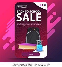 Back to school, vertical web banner with modern design for your website with school backpack, a book and a chemical flask