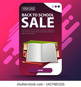 Back to school, vertical web banner with modern design for your website with school textbooks and notebook