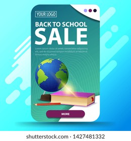 Back to school, vertical web banner with modern design for your website with globe and school textbooks