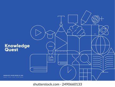 Back to school. Vibrant blue educational poster featuring line art representing learning tools and the quest for knowledge.