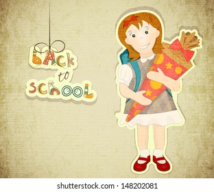 Back to School Vintage Card in Austria and German Tradition - Girl holds School Cone. Retro Style. Vector Illustration. 
