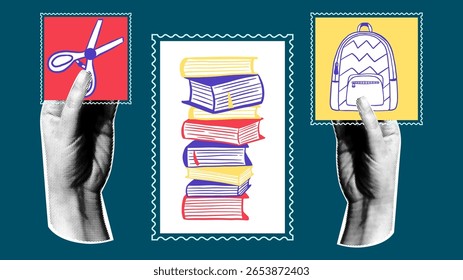 Back to school vintage collage design with hands holding postage stamps with scissors, a stack of books and a backpack decorated with dots. Stationery and school supplies.