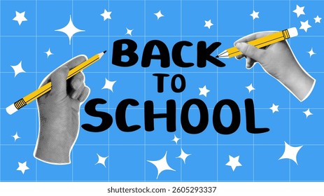 Back to school vintage collage poster with halftone hands and lettering. Vector education banner