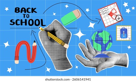 Back to school vintage collage set with hands, postal stamps and pencils. Vector illustration with halftone elements.