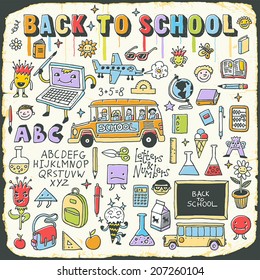 Back to school vintage doodle set on carton card. Hand drawn vector illustration.