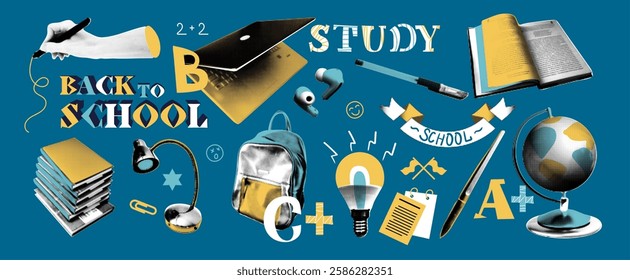 Back to school. Vintage education collage. Creative students graphic. Textbook learning. Halftone hand with writing pen. Newsprint grunge sticker. Laptop for studying. Vector university background