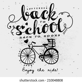 Back to School Vintage Typography Label - Hand drawn vintage style typography label, with doodle bicycle and books 