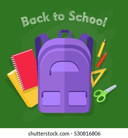 Back to school. Violet backpack with pockets. Violet pieces of cloth. School objects behind. Yellow and red pencils, book and notebook, scissors. Illustration in cartoon style. Flat design. Vector