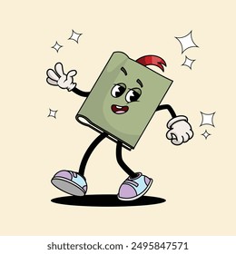 Back to school walking funny retro groovy book character. Best for school, educational creativity designs. Vector illustration.